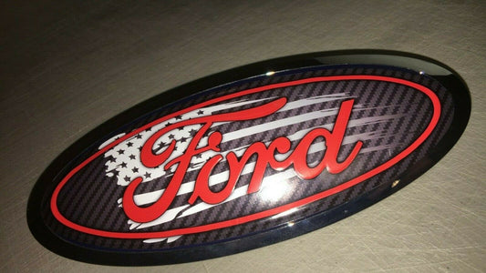 Carbon Fiber Ford Red Emblem American Flag Overlay Badge Decal Any Year / Model