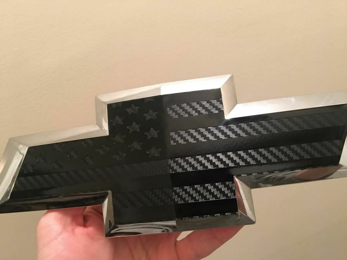 Chevy Bowtie AMERICAN Flag CARBON FIBER Emblem Overlay BLACKOUT Decal